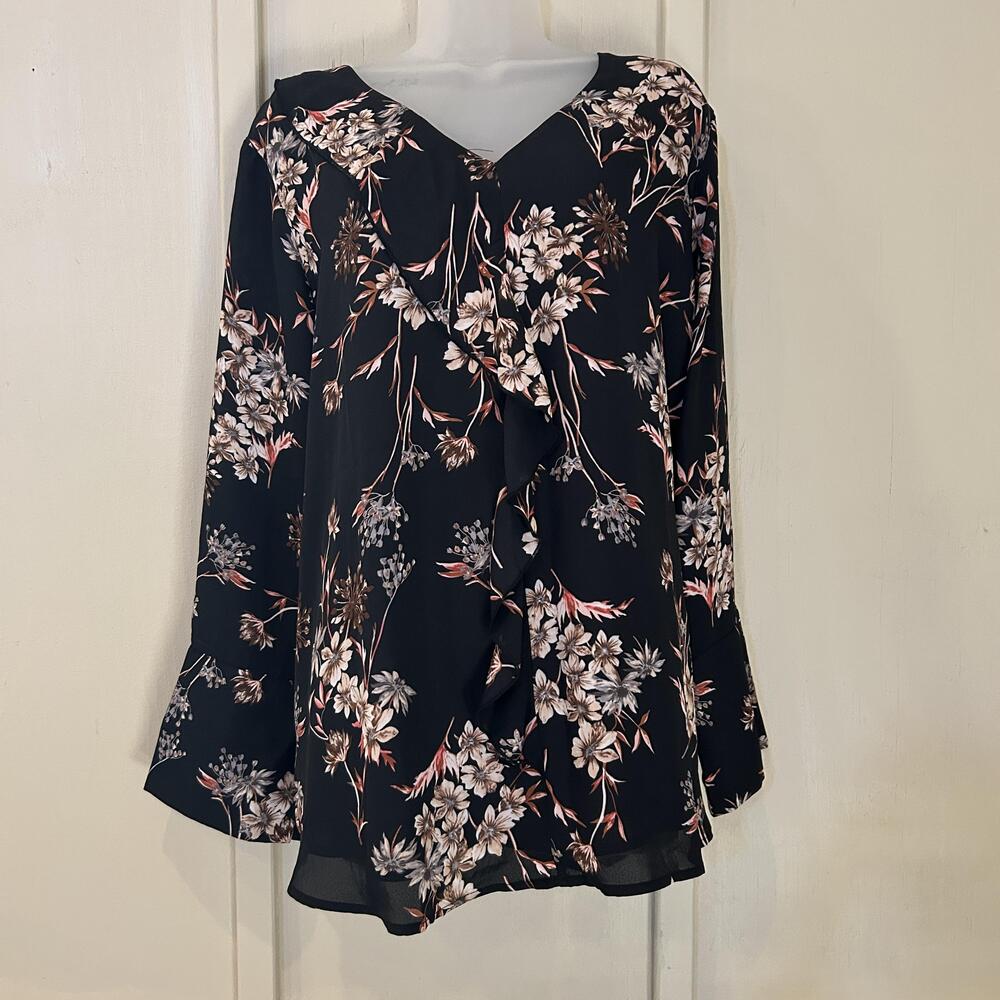 Roz And Ali Blouse Womens 2X Black Floral V Neck Long Sleeve Ruffle Tunic Top